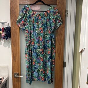Vintage Hilo Hattie Hawaiian Floral Blue Midi Dress